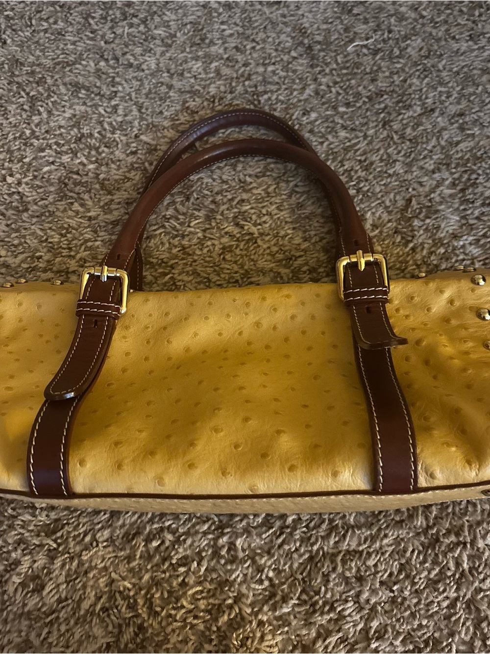 Yellow Ostrich-Texture Shoulder Bag Brown Leather Straps Claudia Firenze mint